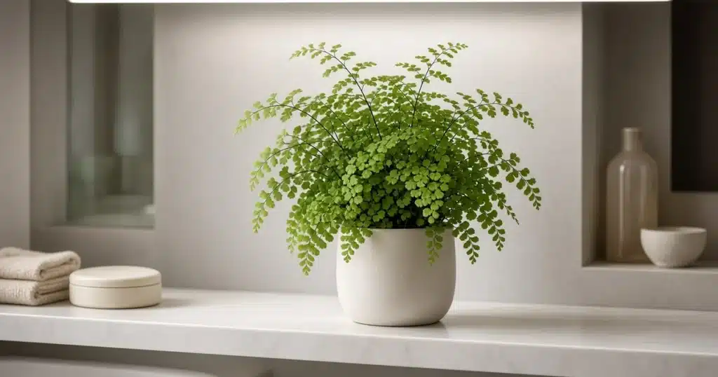 Maidenhair fern with fine fronds under a soft LED