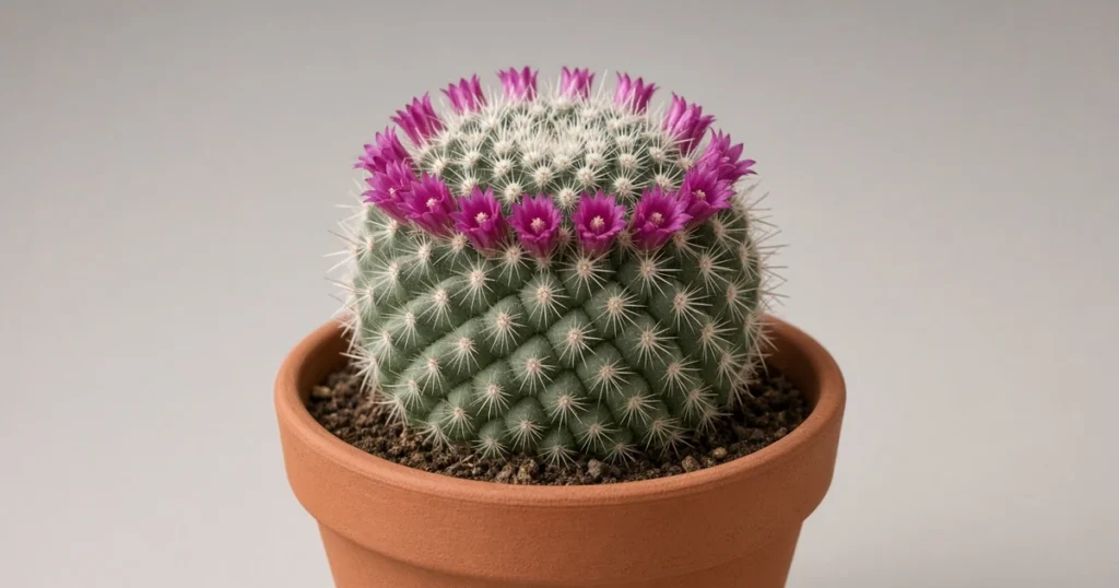Round pincushion cactus with a ring of small flowers