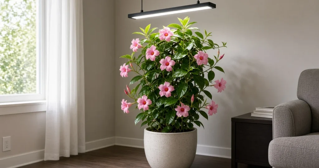 Mandevilla vine in a pot under a grow light