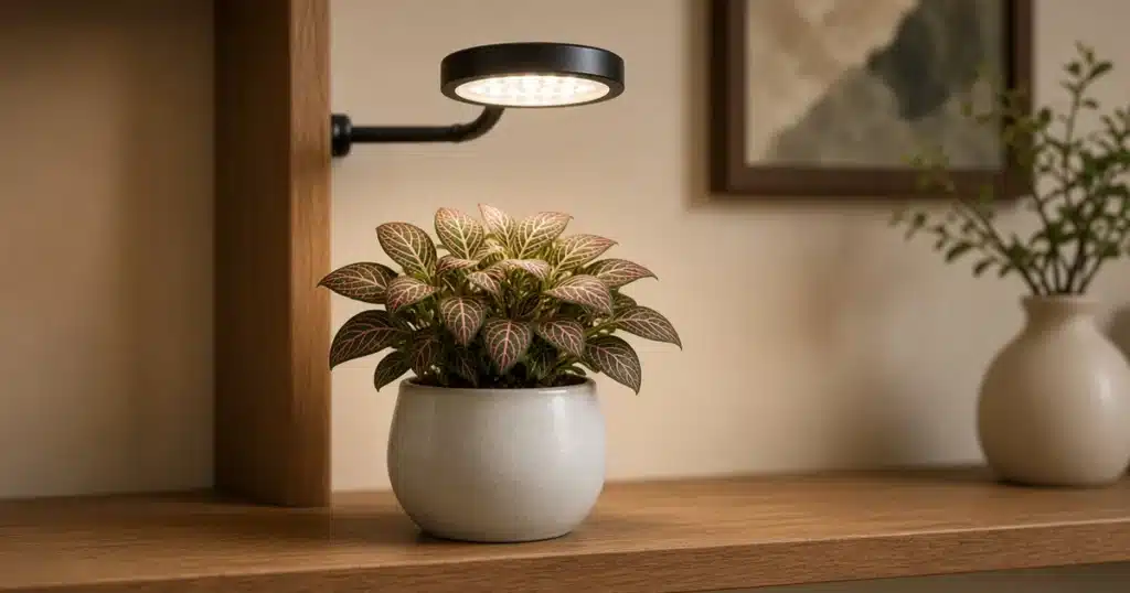 Nerve plant with pink veined leaves under a small LED
