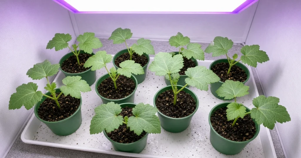 Okra seedlings in pots under lights