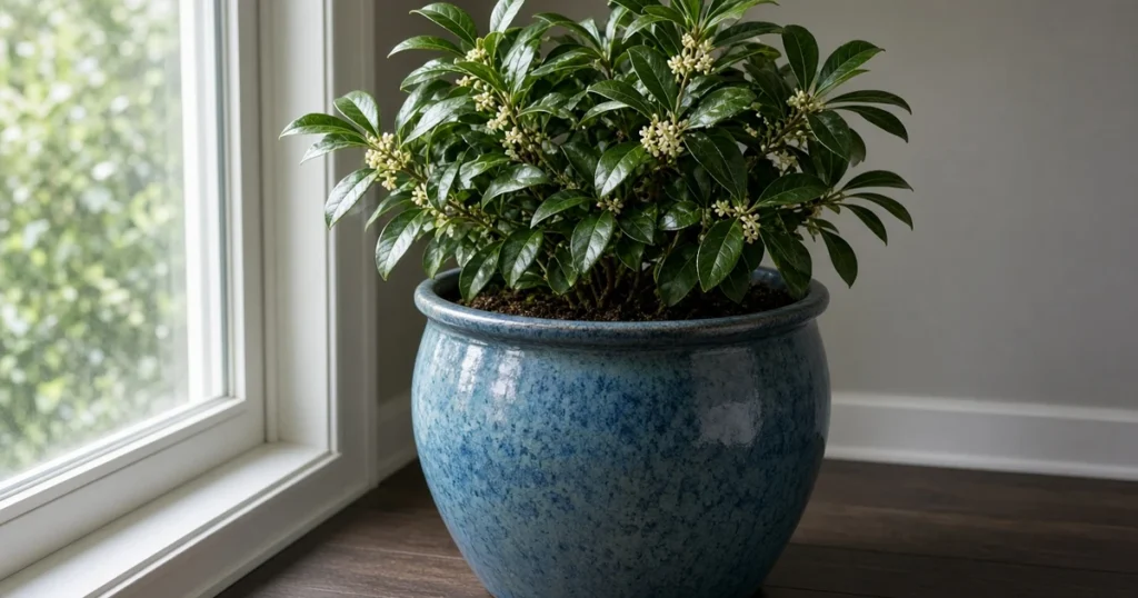 Potted sweet olive shrub beside a bright window