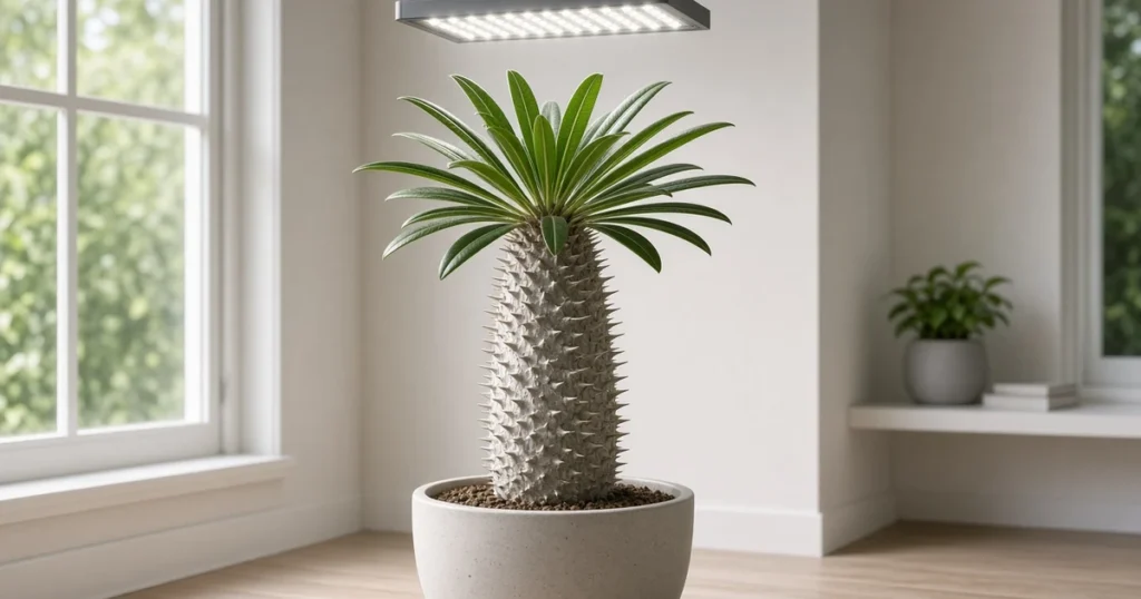 Spiny trunk succulent with a leafy crown under a grow light