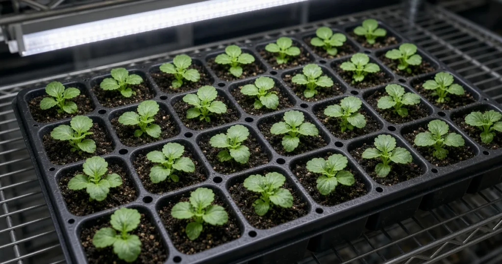 Pansy seedlings in a tray under lights
