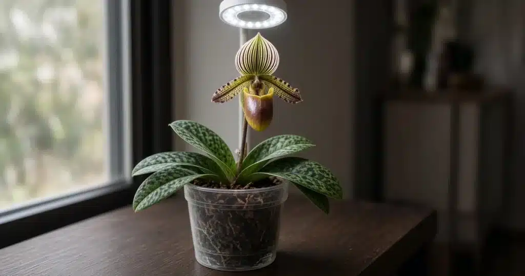 Slipper orchid in bloom under a small LED