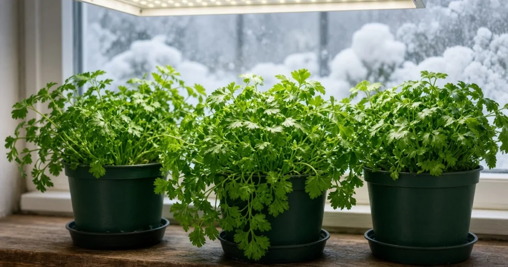 Flat leaf parsley pots under a hanging grow light in winter