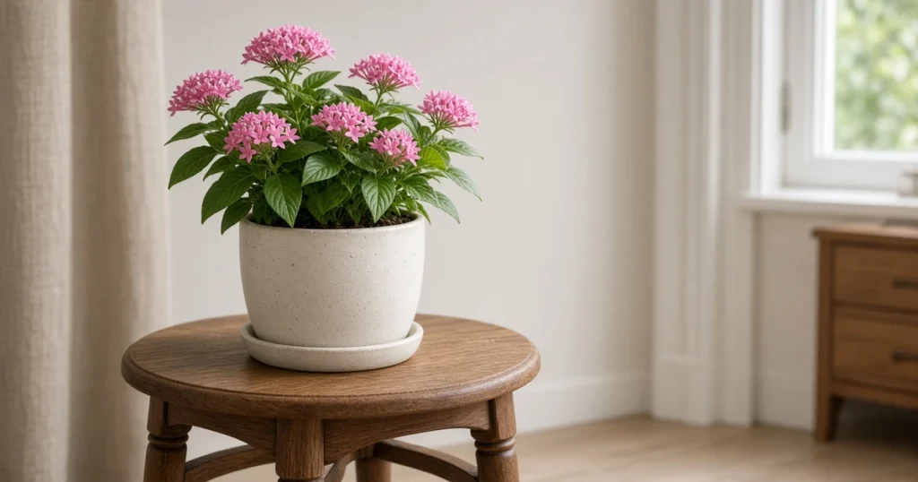 Pentas plant with pink star shaped flower clusters indoors