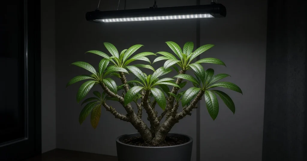 Potted plumeria with thick branches under a grow light