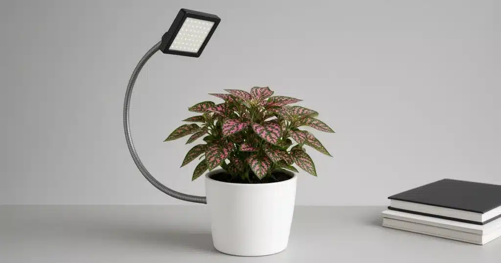 Pink spotted polka dot plant under a small LED