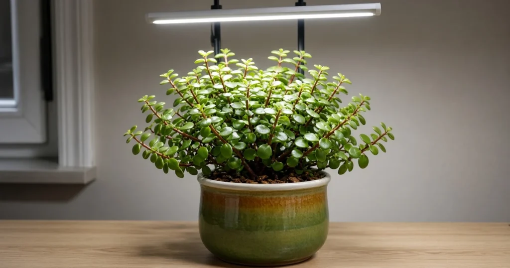 Compact elephant bush with small round leaves under an LED