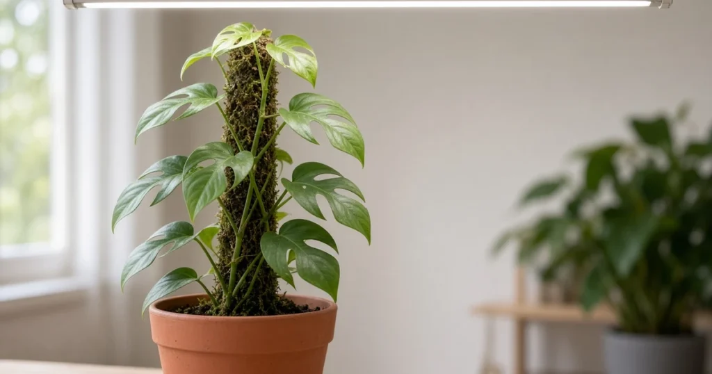 Young climber with glossy leaves on a moss pole under an LED