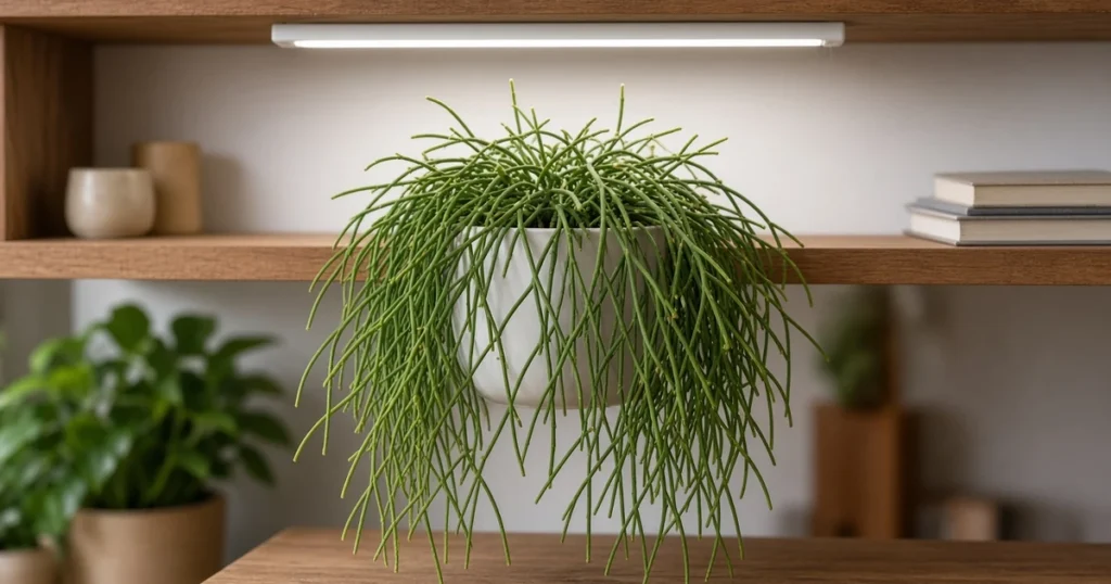 Trailing rhipsalis in a white pot under a shelf LED
