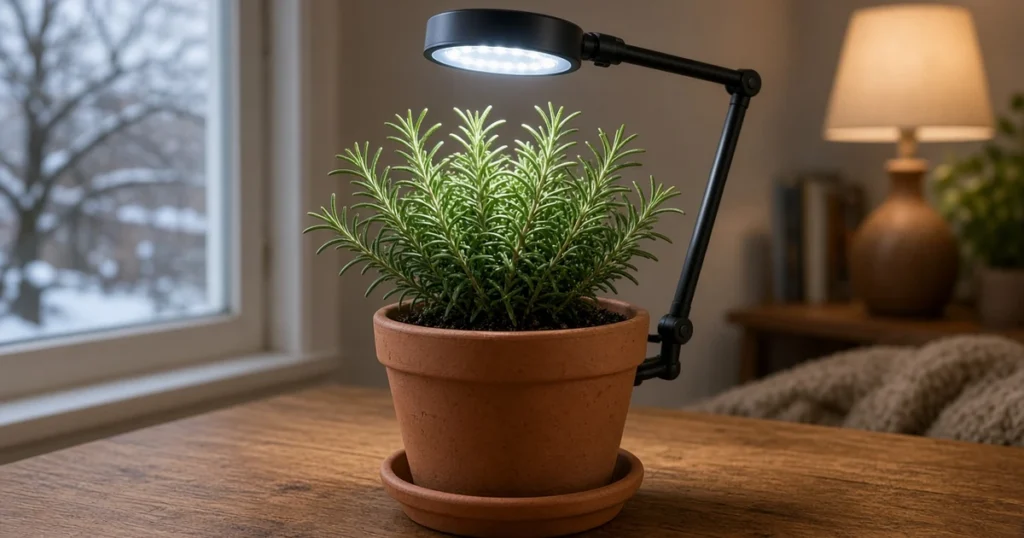 Potted rosemary under a small LED grow light