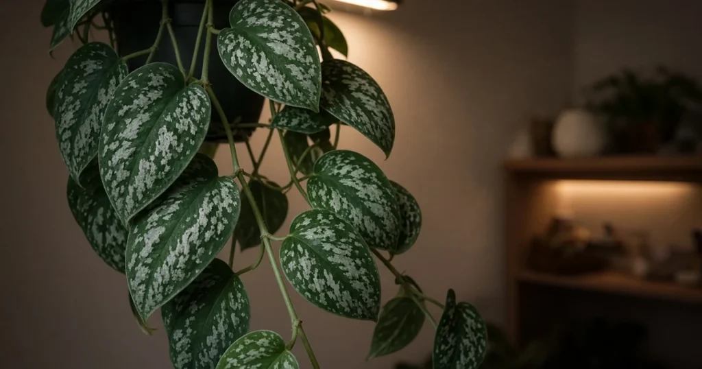 Silver splashed satin pothos vine in soft lamp light