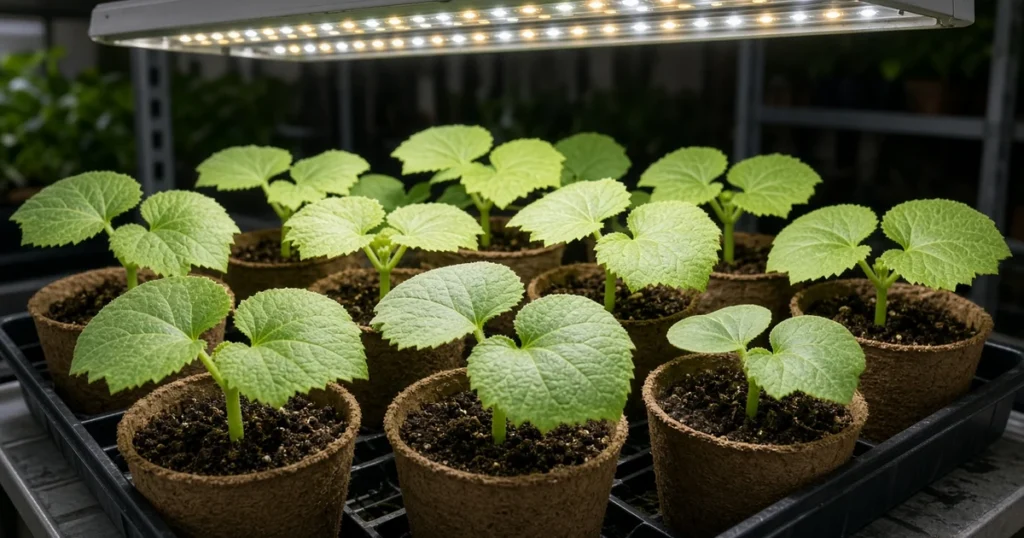 Squash seedlings in individual pots under lights