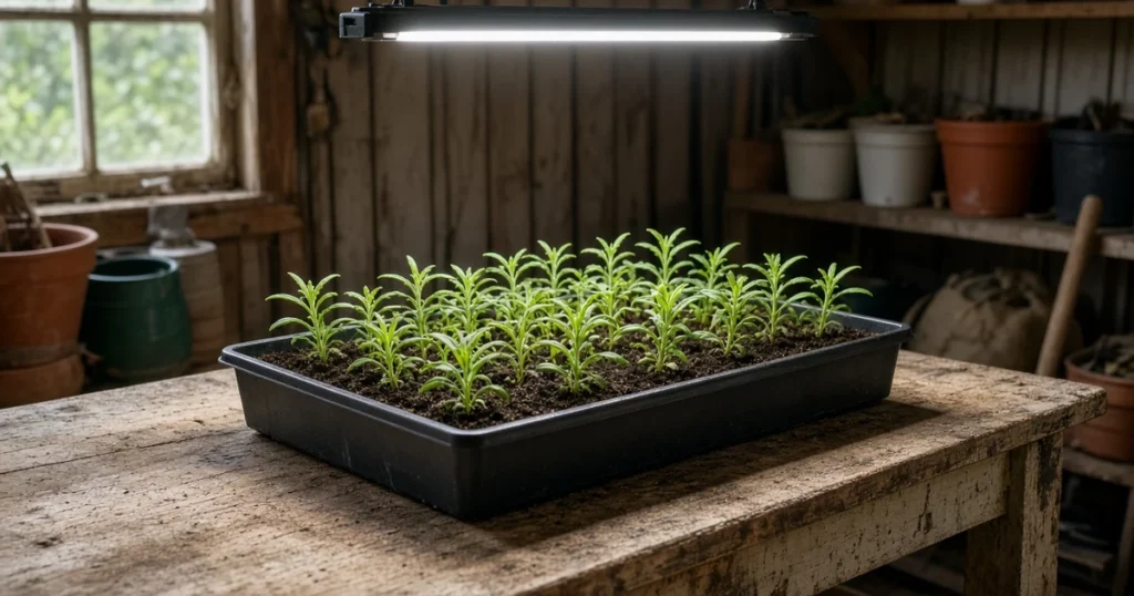 Strawflower seedlings in a tray under a grow light