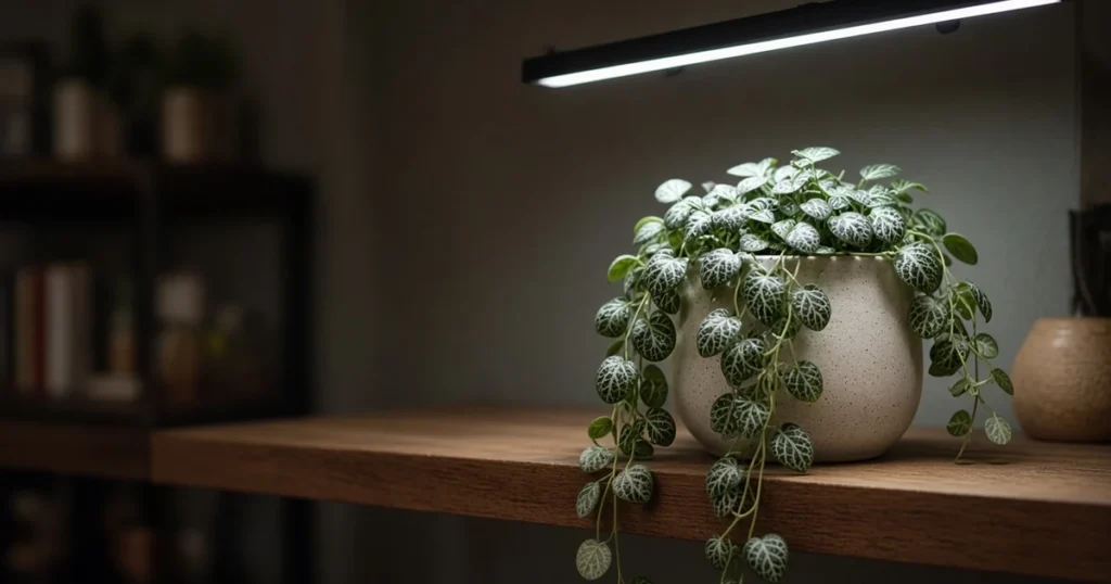 Trailing peperomia in a small pot under an LED
