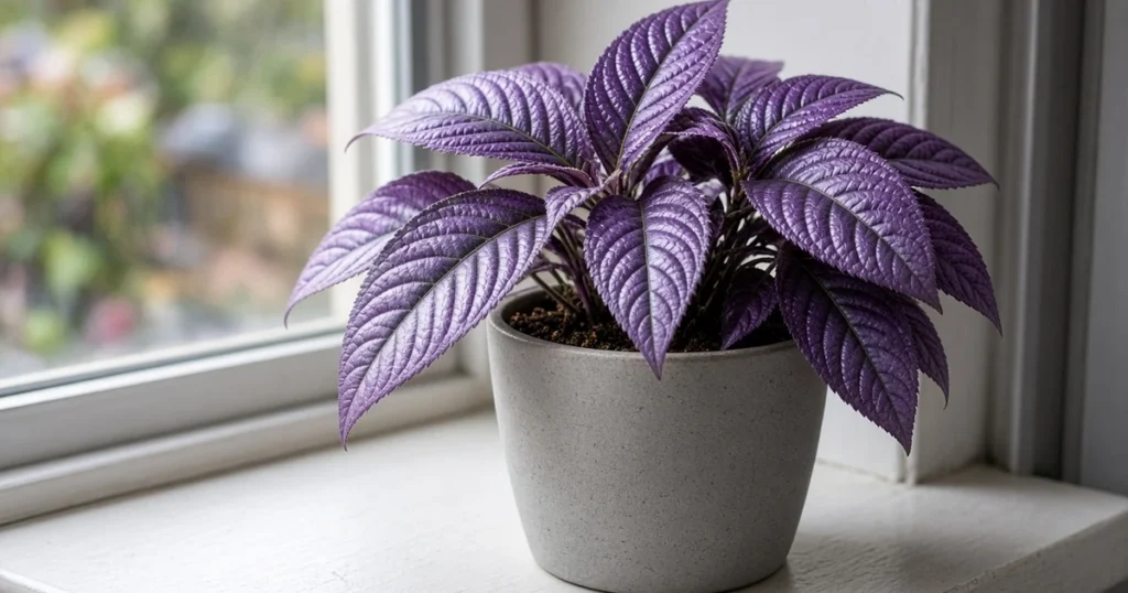 Persian shield with metallic purple leaves near a window