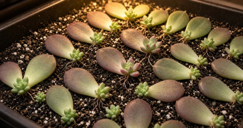 Succulent leaves with tiny rosettes on a lit tray