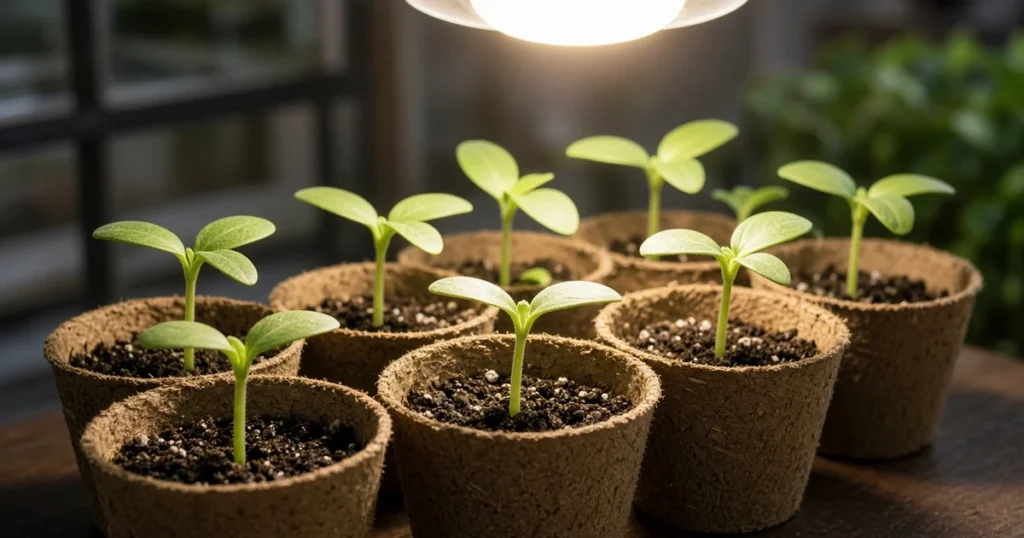 Sunflower seedlings in pots under a grow light