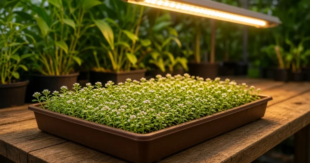 Sweet alyssum seedlings in a tray under a grow light