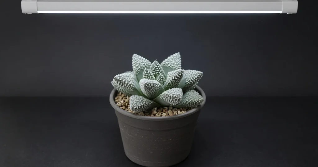 Small rosette succulent with rough tips under an LED
