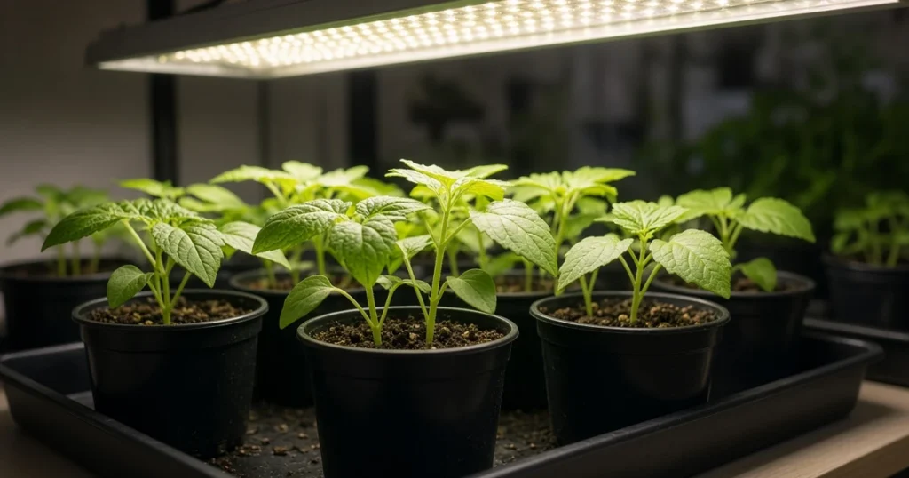 Tomatillo seedlings in pots under a grow light