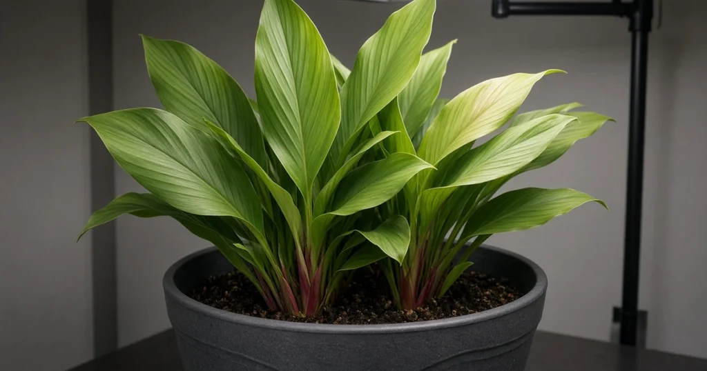 Broad turmeric leaves rising from a large pot under a grow light