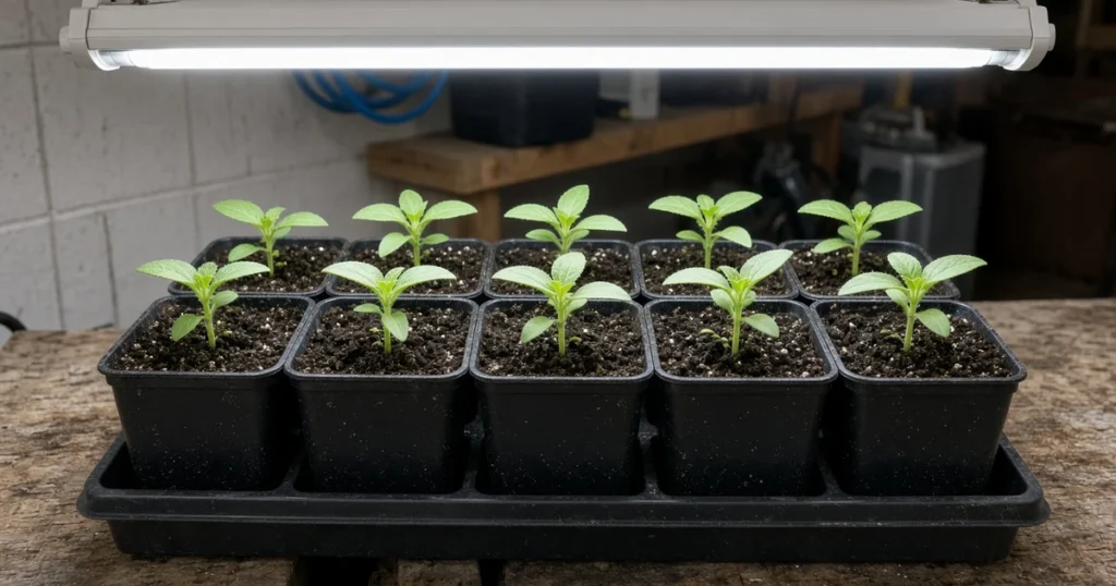 Zinnia seedlings in small pots under a grow light