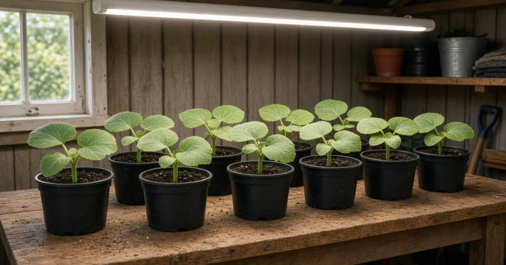 Zucchini seedlings in pots under a grow light