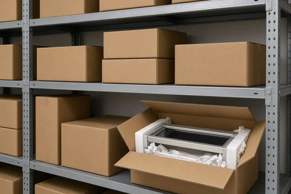 Grow lights packed in boxes in a dry storage room