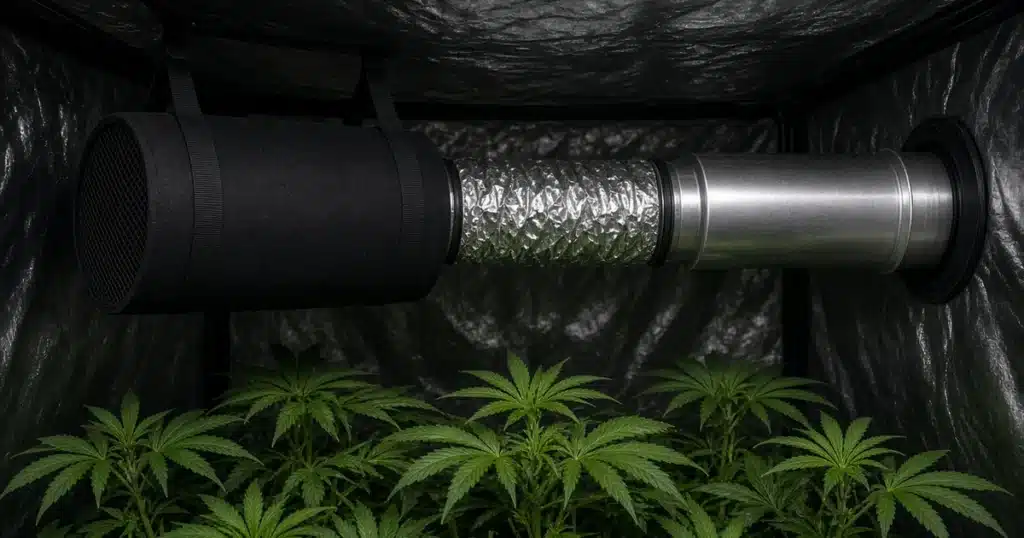 Carbon filter joined by a short straight foil duct to an inline fan above young leafy cannabis plants