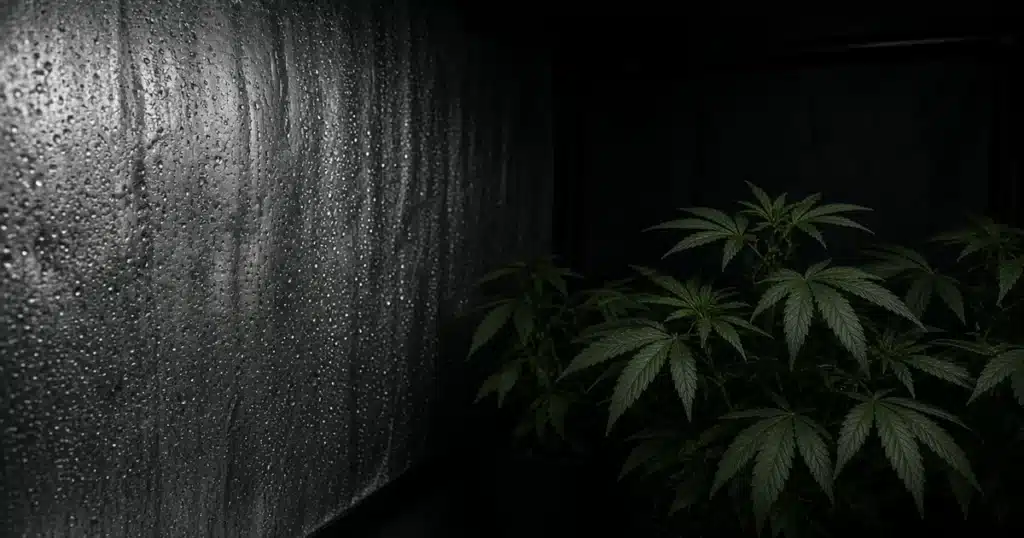 Water droplets beading on the inside wall of a dark grow tent beside cannabis plants just after lights off
