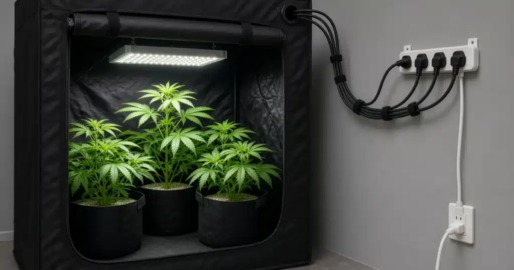 Neatly routed power cords and a wall mounted power strip outside a grow tent with leafy cannabis plants inside