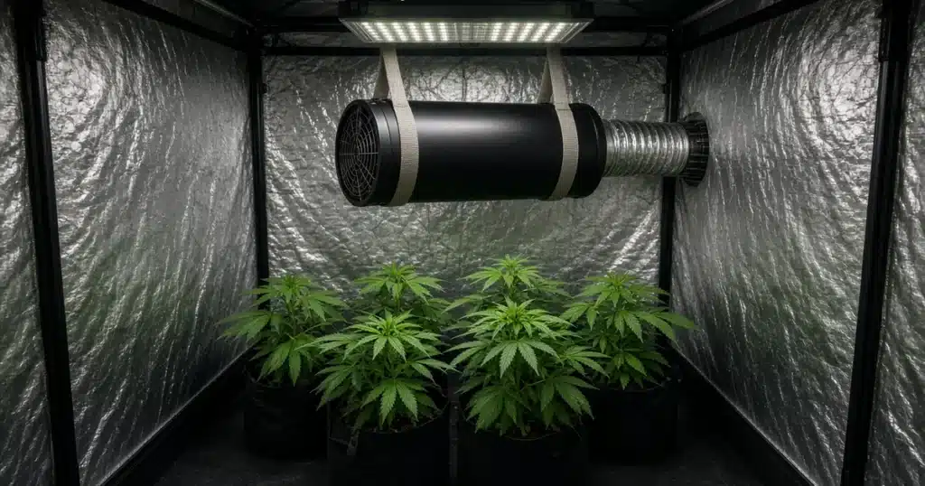 Inline fan hanging from soft straps inside a quiet grow tent above green cannabis plants