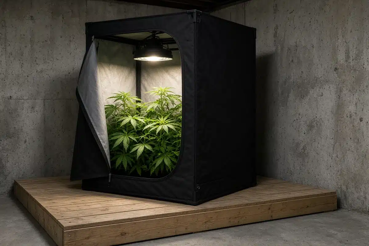 Grow tent standing on a raised platform with a gap between it and a concrete basement wall, cannabis plants visible inside