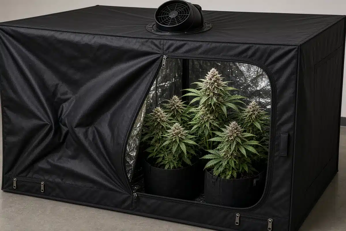 Grow tent fabric bowing sharply inward around cannabis plants as an exhaust fan pulls against too little intake