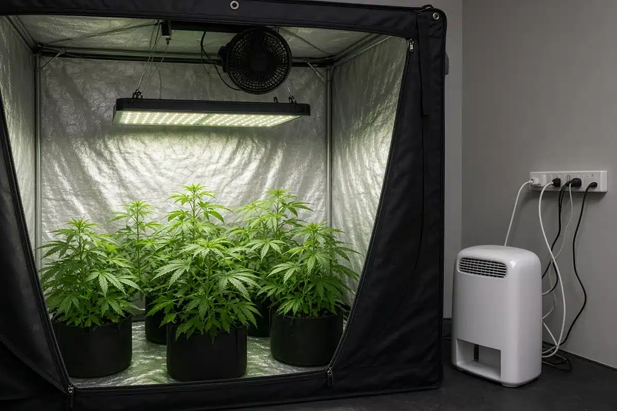 Grow tent with an LED light, a small clip fan and cannabis plants inside, with a dehumidifier plugged in beside it