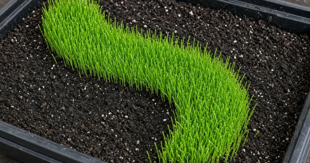 Green grass sprout growing in a curved shape in a seed tray