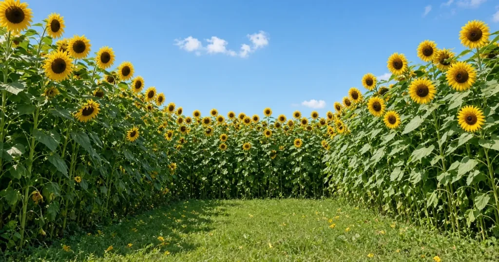 Square of tall sunflowers forming garden walls