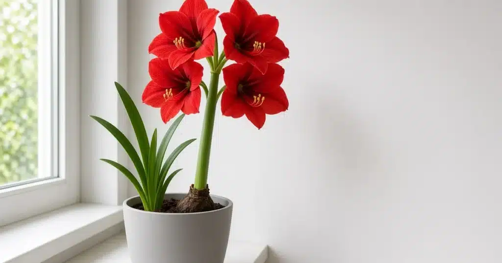 Tall amaryllis flower stalk in a pot