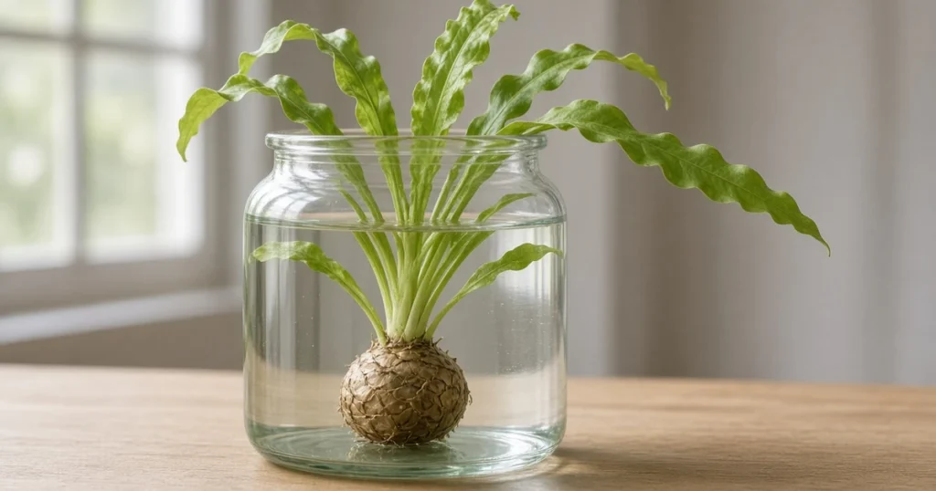 Aponogeton bulb sprouting wavy leaves in a glass jar
