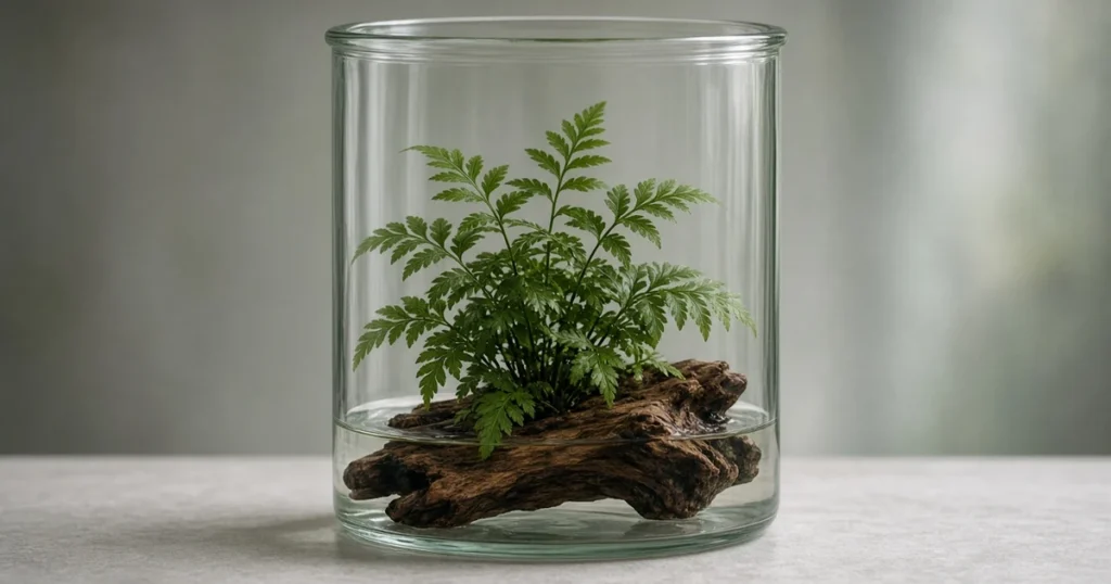 Dark green fern fronds rising from wood in a glass jar