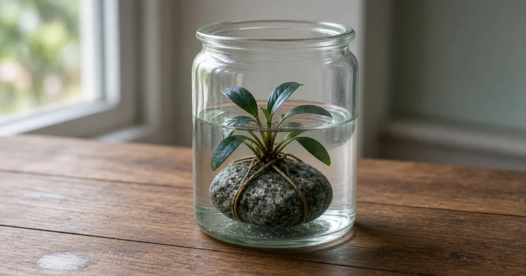 Small bucephalandra plant tied to a stone in a glass jar
