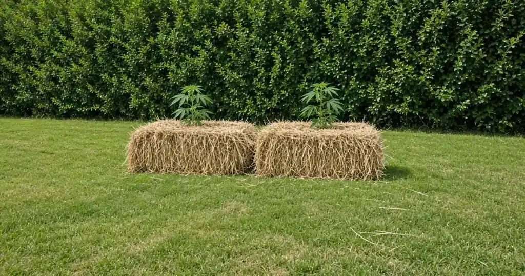 Photo-style illustration of straw bales with young cannabis plants shot side-on against a green hedge