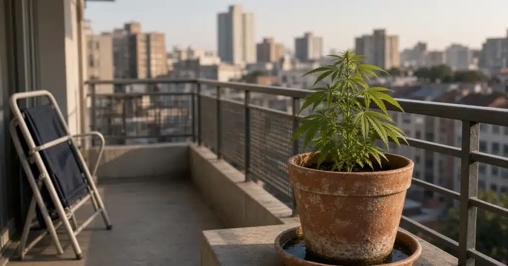 Potted cannabis plant on a sunny apartment balcony with a railing and city view
