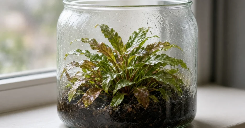 Cryptocoryne rosettes growing in a covered glass jar