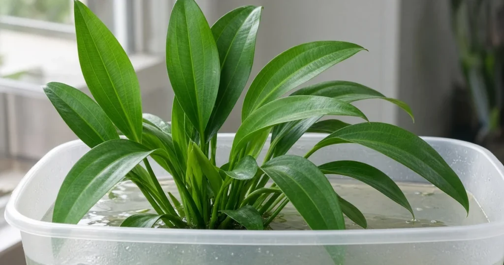 Amazon sword plant with broad leaves above water in a tub