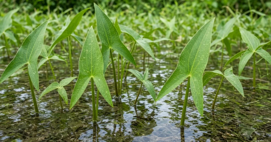 Arrow shaped Sagittaria leaves in a flooded bed