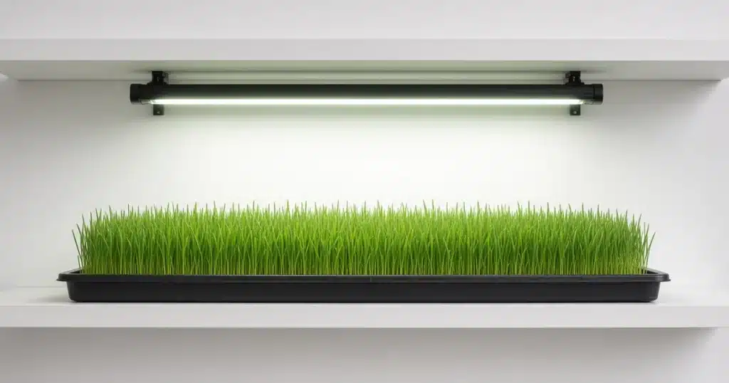 Shallow tray of green barley grass under a grow light
